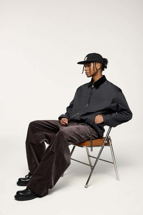 Corduroy-Collar Snap-Front Utility Jacket in Dark Gray - full-length front modeled view