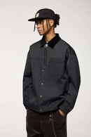 Corduroy-Collar Snap-Front Utility Jacket in Dark Gray - three-quarter front modeled view