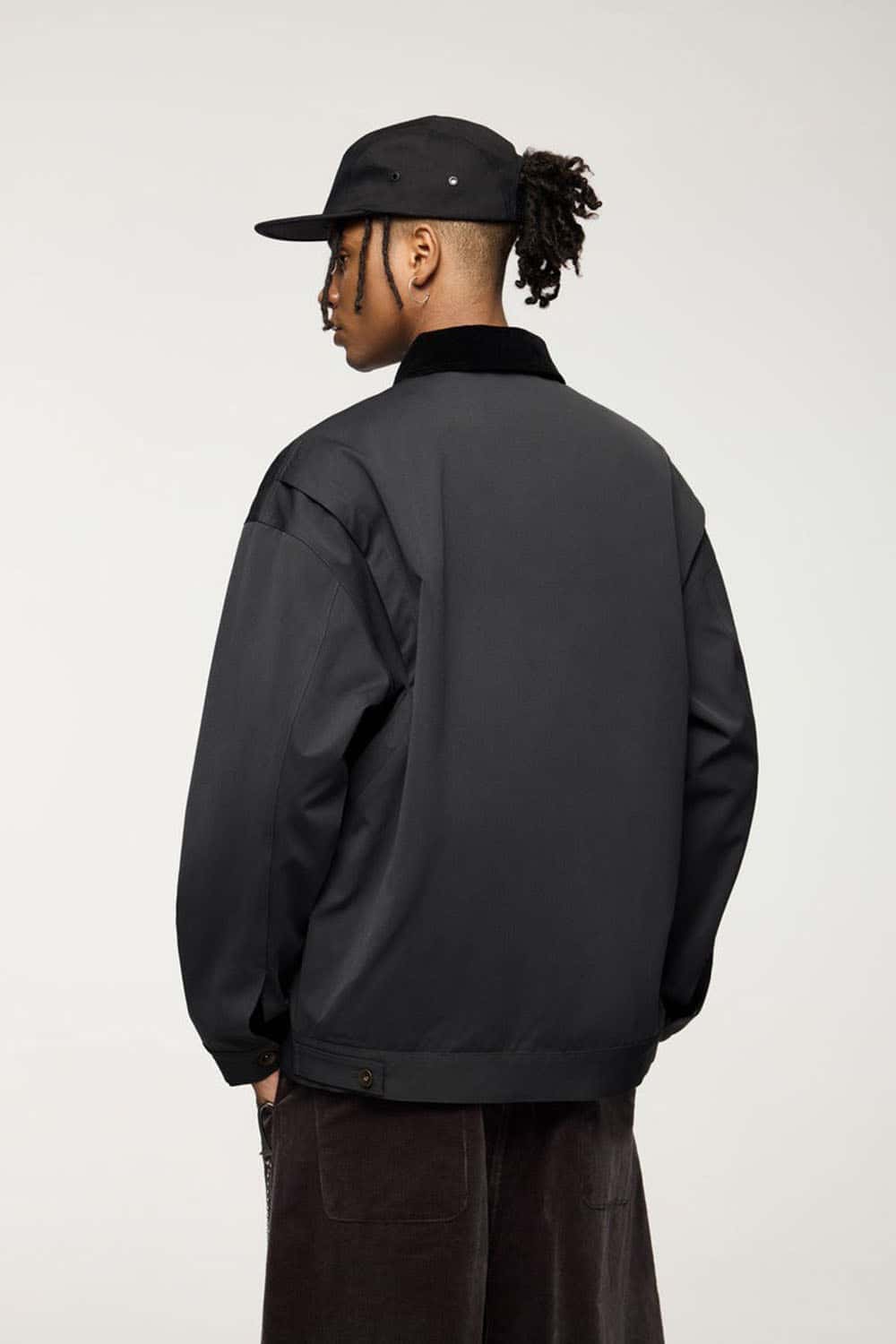 Corduroy-Collar Snap-Front Utility Jacket in Dark Gray - rear three-quarter modeled view