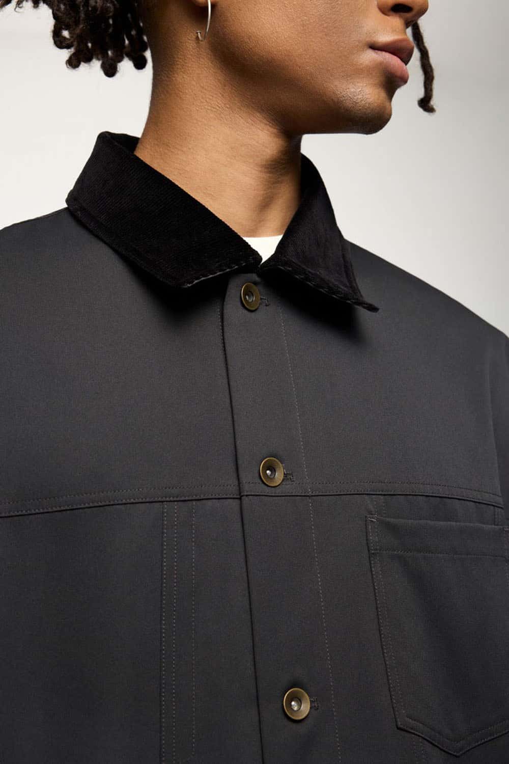 Corduroy-Collar Snap-Front Utility Jacket in Dark Gray - full-length front modeled view