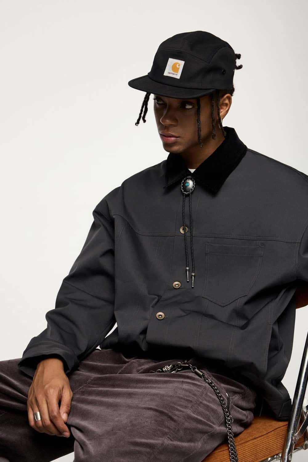 Corduroy-Collar Snap-Front Utility Jacket in Dark Gray - product detail close-up