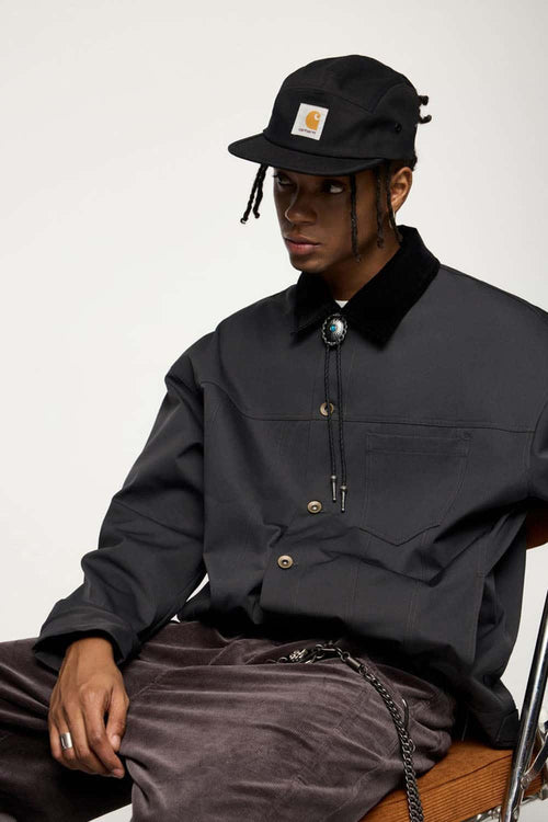 Corduroy-Collar Snap-Front Utility Jacket in Dark Gray - product detail close-up