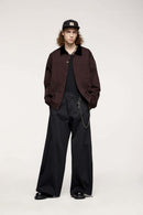 Corduroy-Collar Snap-Front Utility Jacket in Ebony Black - full-length front modeled view