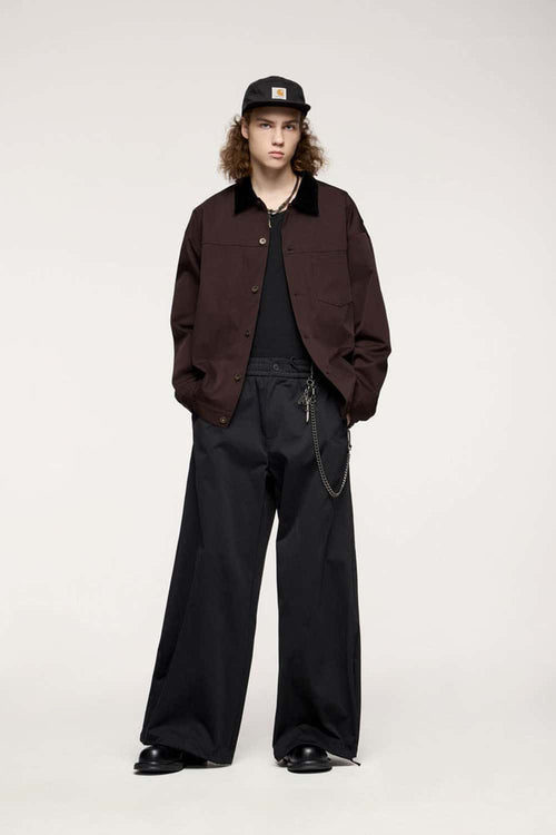 Corduroy-Collar Snap-Front Utility Jacket in Ebony Black - full-length front modeled view