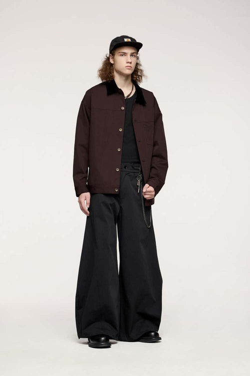 Corduroy-Collar Snap-Front Utility Jacket in Ebony Black - full-length front modeled view