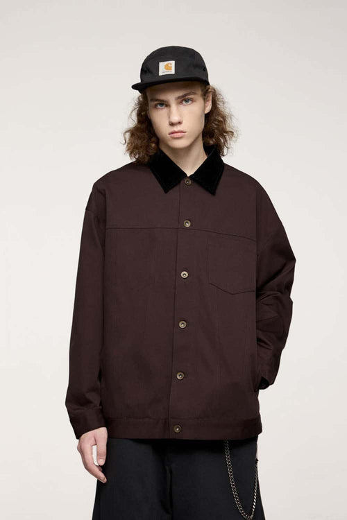 Corduroy-Collar Snap-Front Utility Jacket in Ebony Black - front modeled view