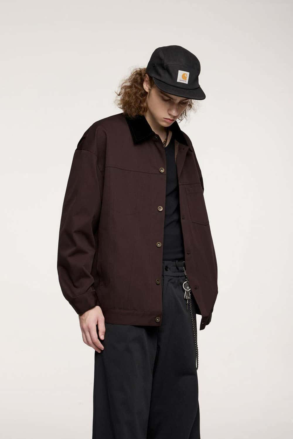 Corduroy-Collar Snap-Front Utility Jacket in Ebony Black - full-length front modeled view