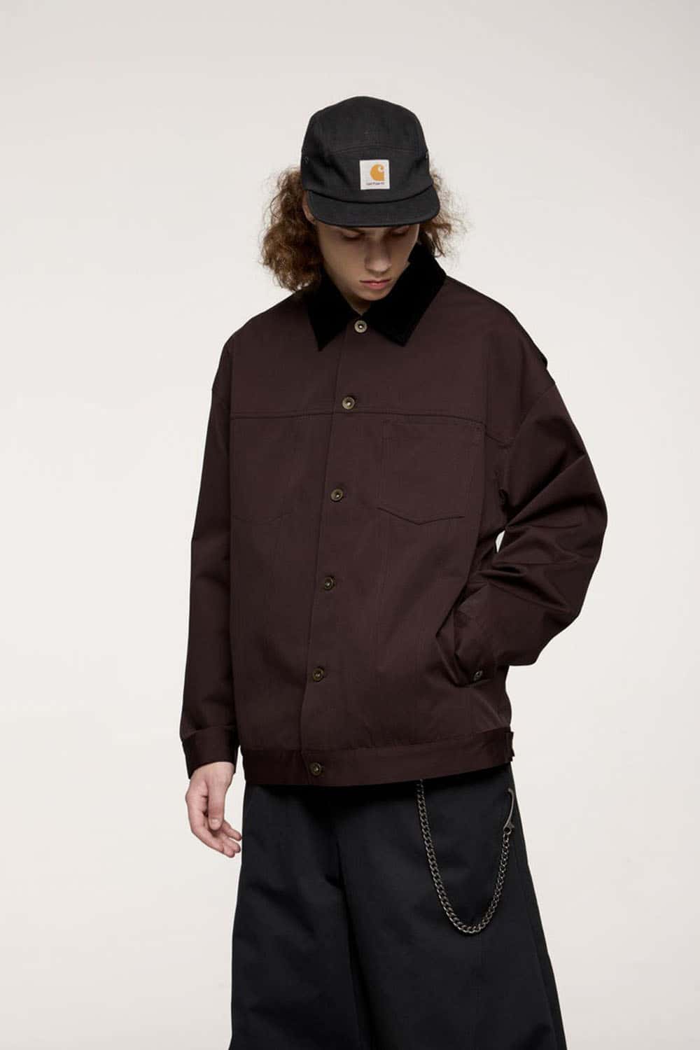 Corduroy-Collar Snap-Front Utility Jacket in Ebony Black - full-length front modeled view