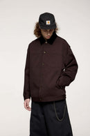 Corduroy-Collar Snap-Front Utility Jacket in Ebony Black - full-length front modeled view