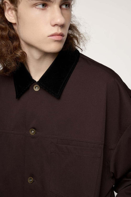 Corduroy-Collar Snap-Front Utility Jacket in Ebony Black - collar detail