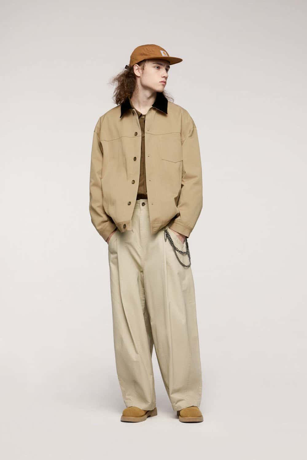 Corduroy-Collar Snap-Front Utility Jacket in Khaki - full-length front modeled view