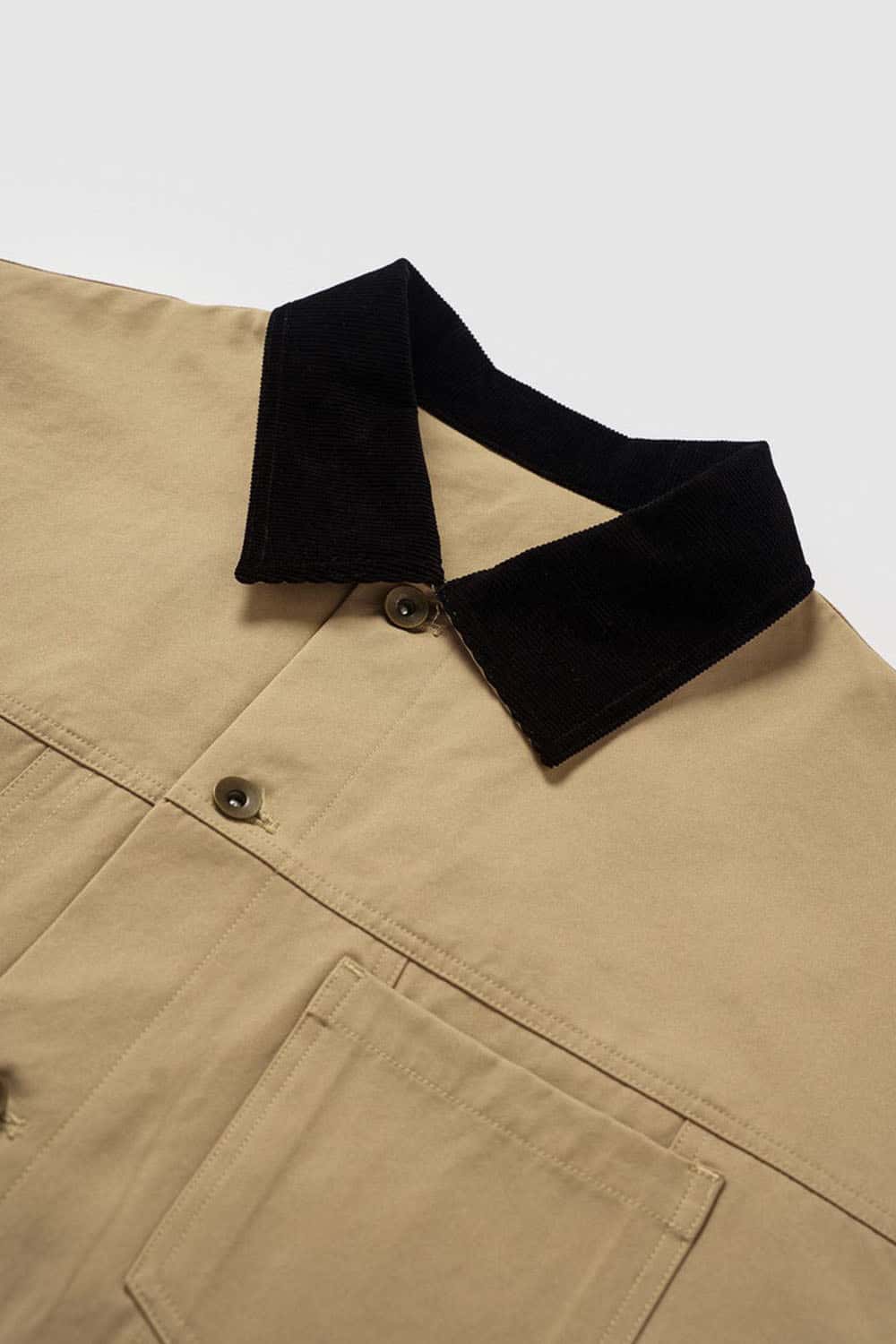 Corduroy-Collar Snap-Front Utility Jacket in Khaki - collar detail