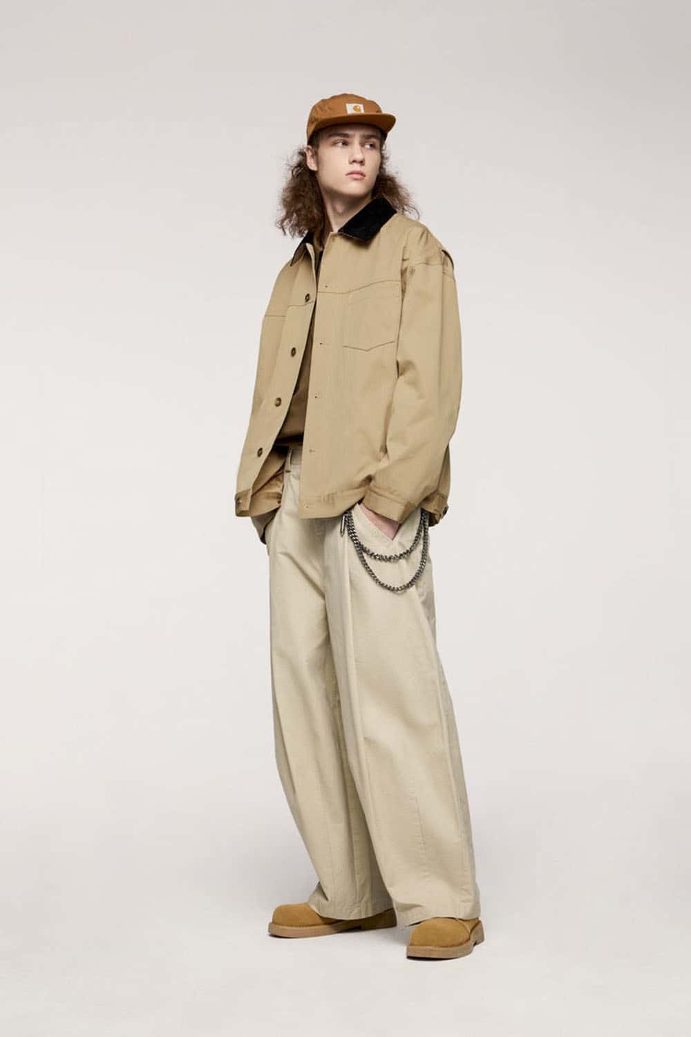 Corduroy-Collar Snap-Front Utility Jacket in Khaki - full-length front modeled view