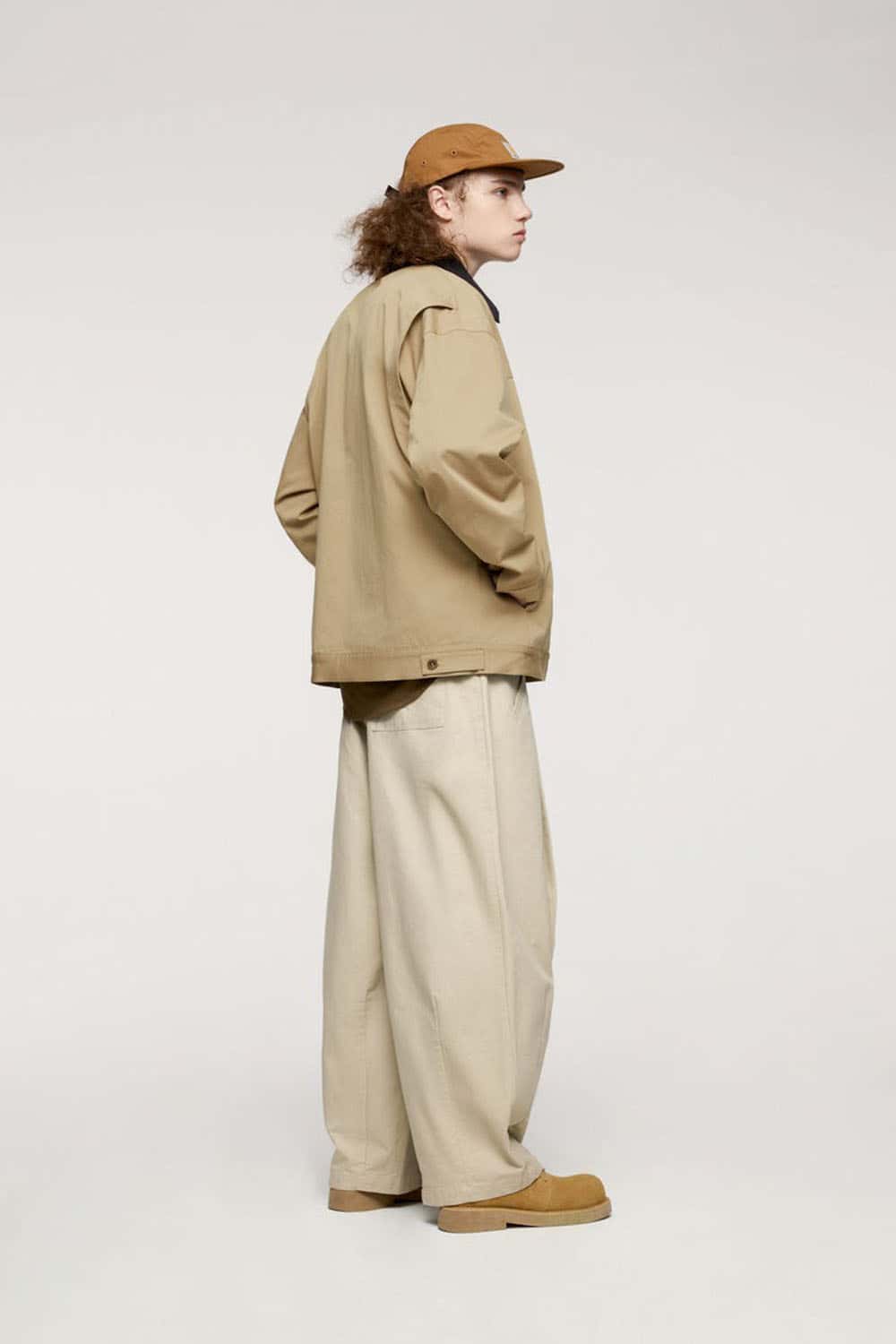 Corduroy-Collar Snap-Front Utility Jacket in Khaki - full-length back modeled view