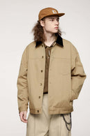 Corduroy-Collar Snap-Front Utility Jacket in Khaki - three-quarter front modeled view