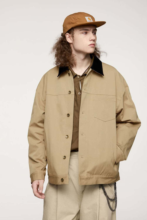Corduroy-Collar Snap-Front Utility Jacket in Khaki - three-quarter front modeled view