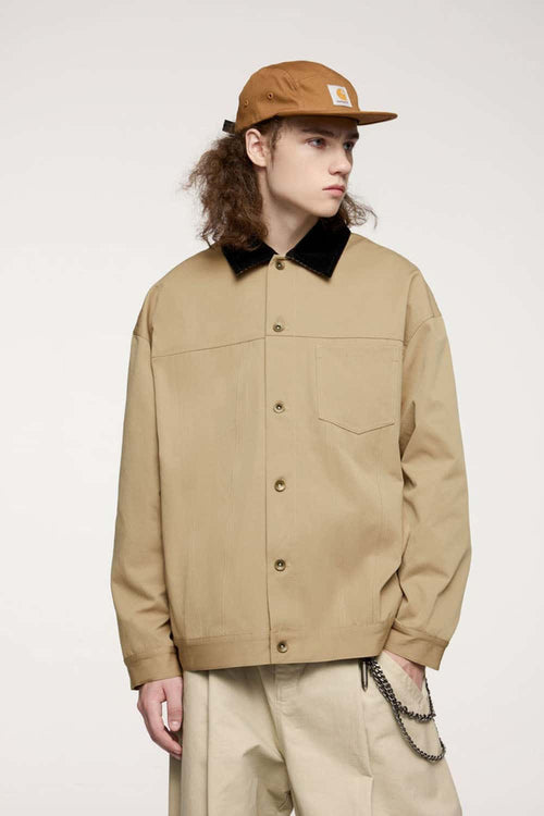 Corduroy-Collar Snap-Front Utility Jacket in Khaki - three-quarter front modeled view