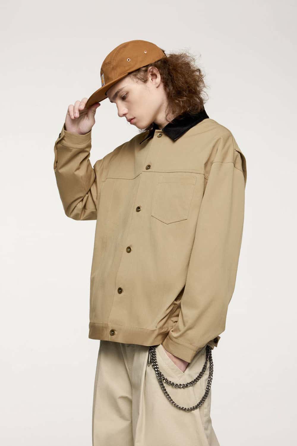 Corduroy-Collar Snap-Front Utility Jacket in Khaki - three-quarter front modeled view