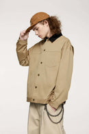 Corduroy-Collar Snap-Front Utility Jacket in Khaki - three-quarter front modeled view