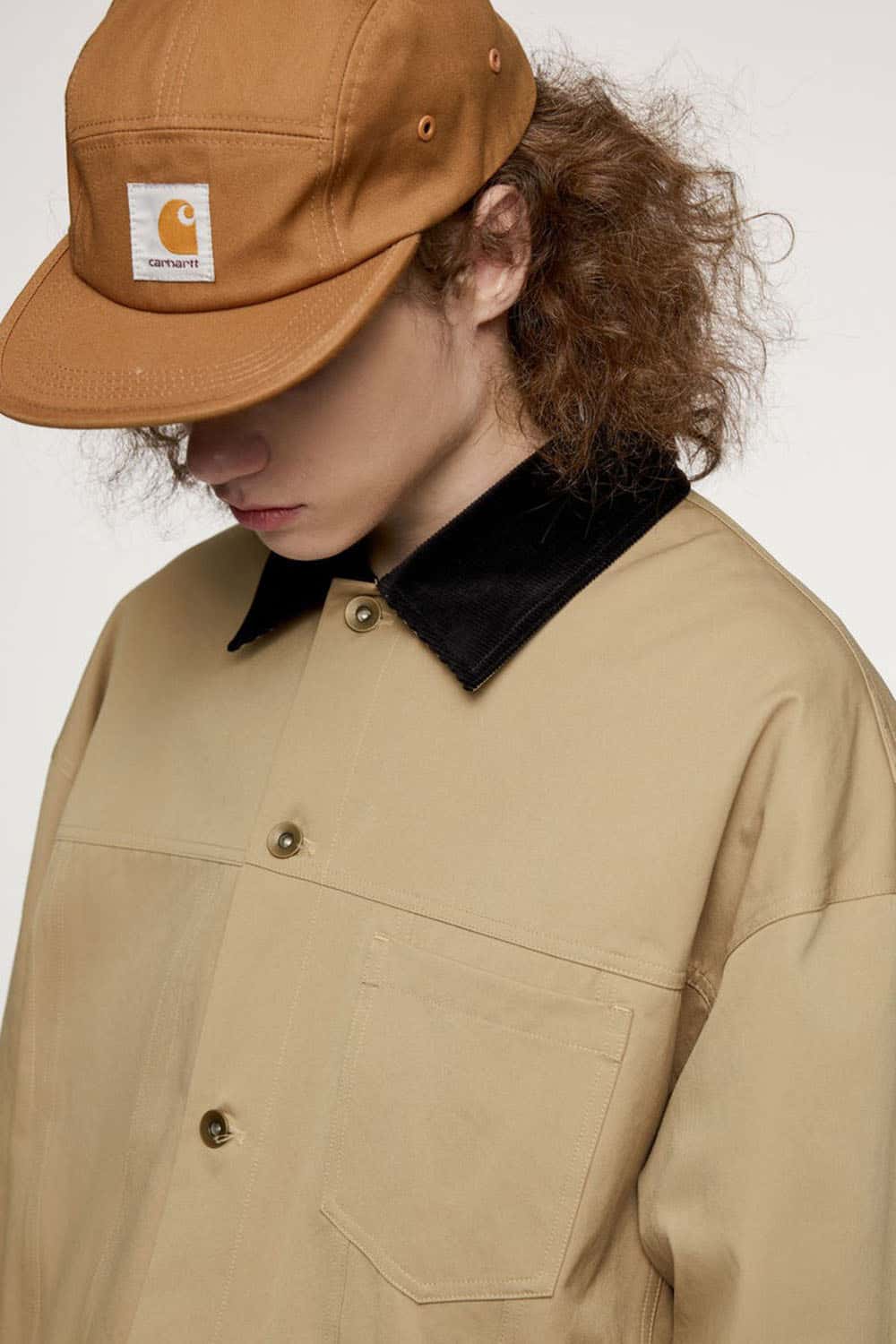 Corduroy-Collar Snap-Front Utility Jacket in Khaki - collar detail