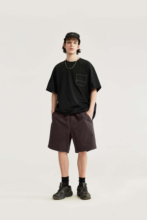 High-Colorfastness Washed Reversible Cotton Shorts in Coffee - full-length front modeled view