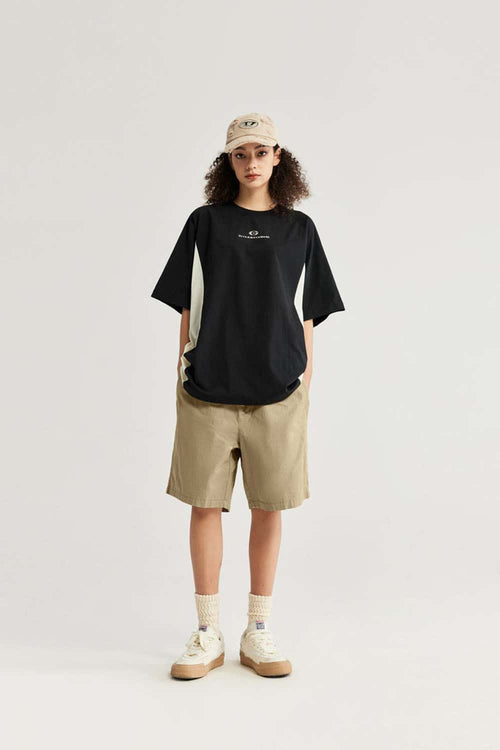High-Colorfastness Washed Reversible Cotton Shorts in Khaki - full-length front modeled view