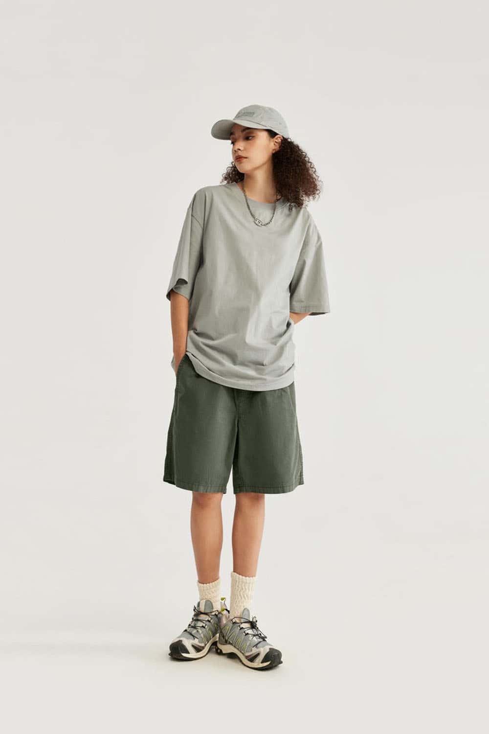 High-Colorfastness Washed Reversible Cotton Shorts in Military Green - full-length front modeled view