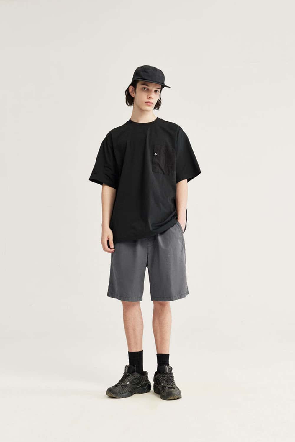 High-Colorfastness Washed Reversible Cotton Shorts in Rock Gray - full-length front modeled view
