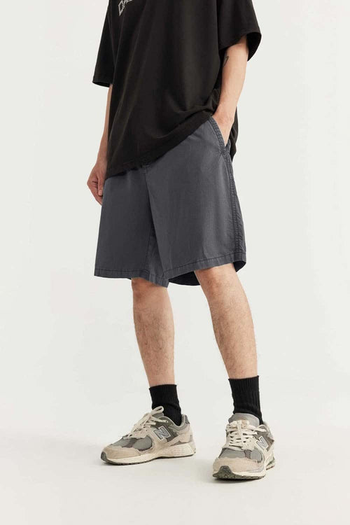 High-Colorfastness Washed Reversible Cotton Shorts in Rock Gray - full-length front modeled view