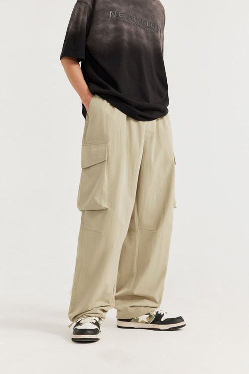 Crinkle Cargo Straight-Leg Pants - Khaki