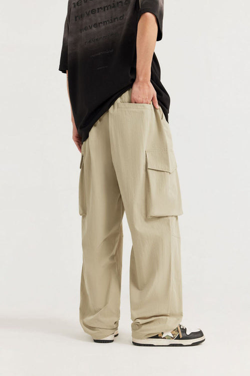 Crinkle Cargo Straight-Leg Pants - Khaki