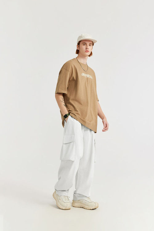 Crinkle Cargo Straight-Leg Pants - Beige Gray