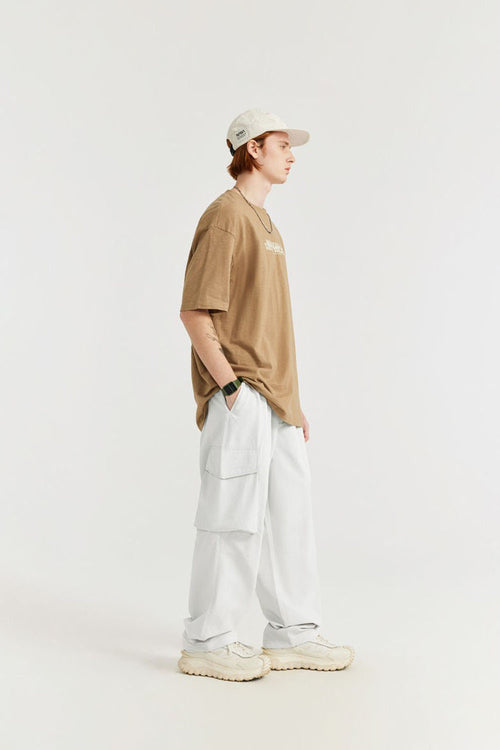 Crinkle Cargo Straight-Leg Pants - Beige Gray