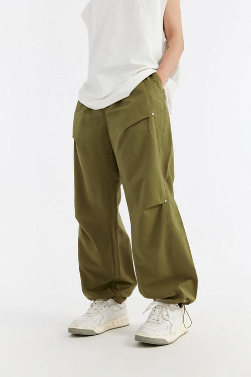 Double-Pleated Rivet Wide Leg Pants - Green