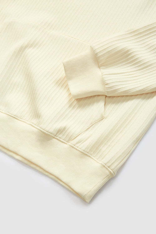Embroidered Vertical-Rib Relaxed Pullover Hoodie in Apricot - modeled view