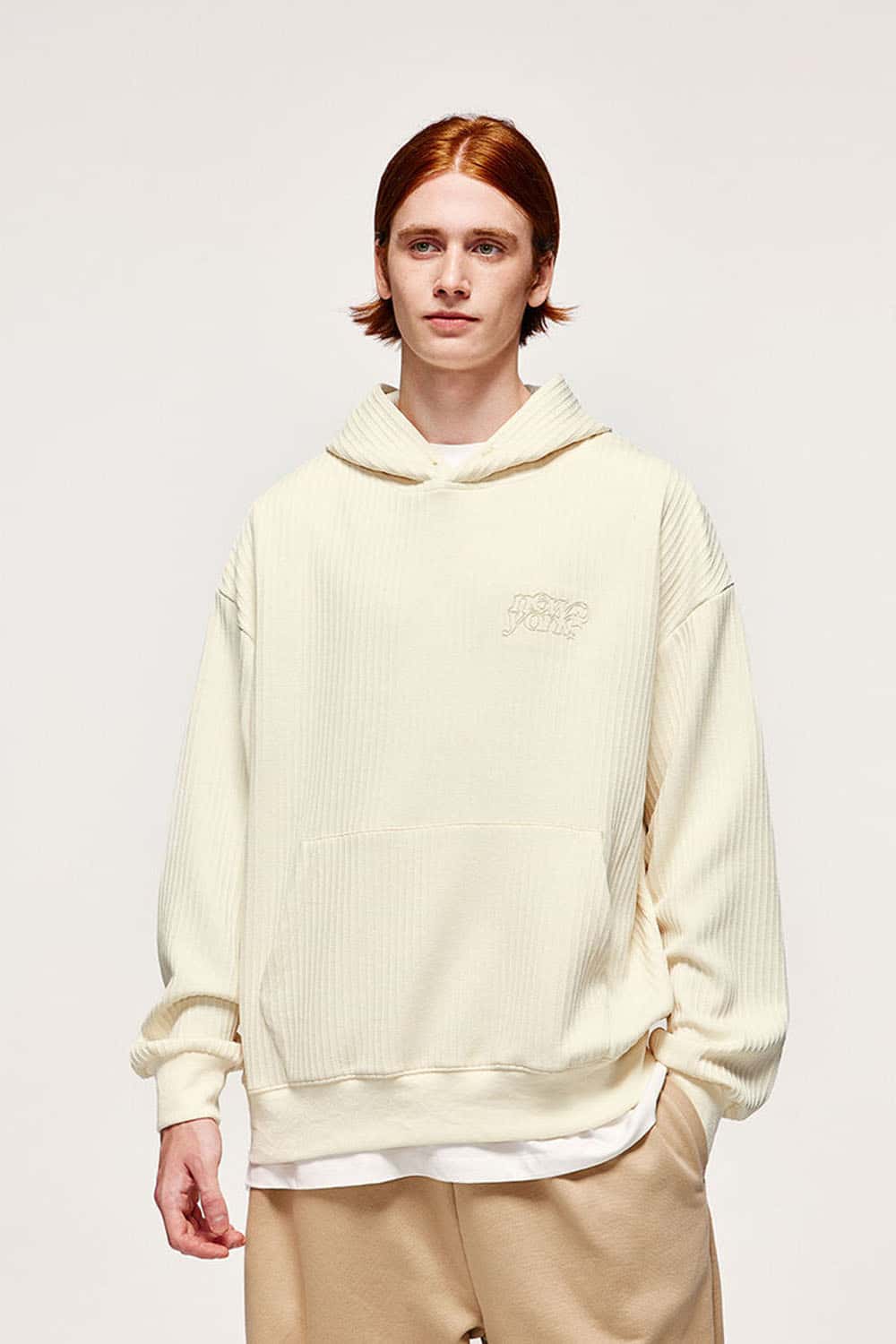 Embroidered Vertical-Rib Relaxed Pullover Hoodie in Apricot - front modeled view