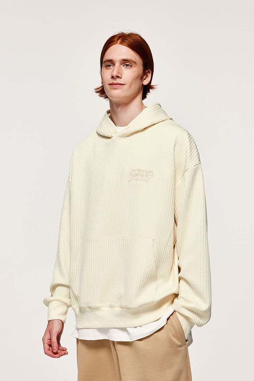 Embroidered Vertical-Rib Relaxed Pullover Hoodie in Apricot - front modeled view