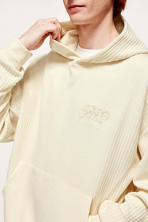 Embroidered Vertical-Rib Relaxed Pullover Hoodie in Apricot - product detail close-up