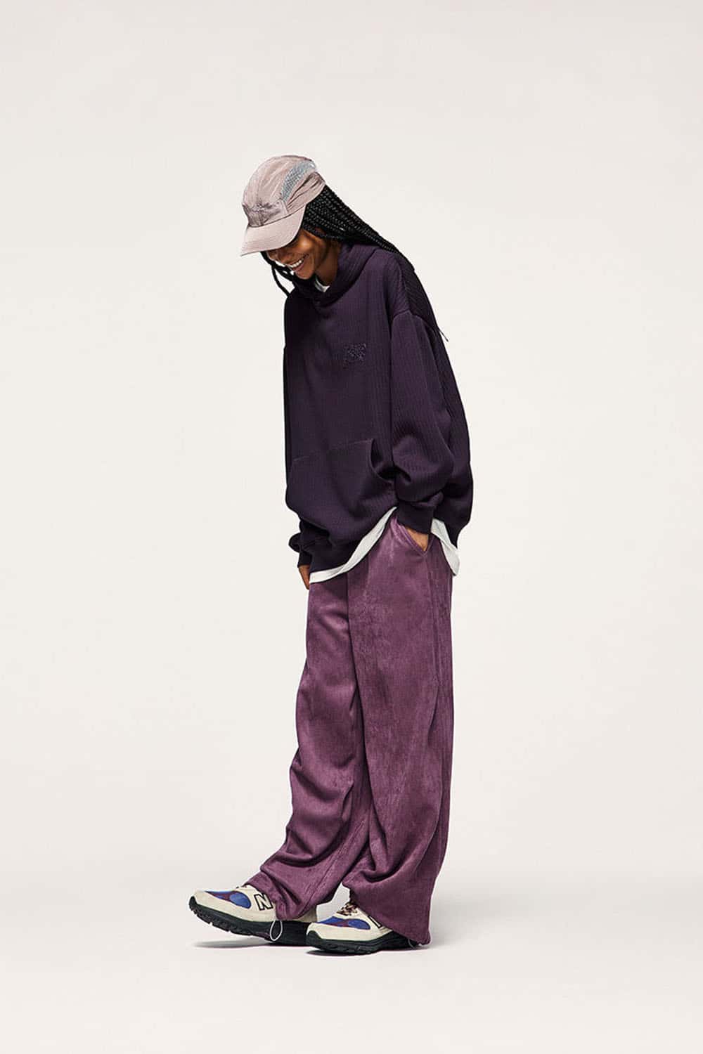 Embroidered Vertical-Rib Relaxed Pullover Hoodie in Purple - three-quarter front modeled view