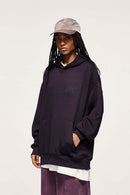 Embroidered Vertical-Rib Relaxed Pullover Hoodie in Purple - front modeled view