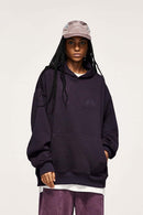 Embroidered Vertical-Rib Relaxed Pullover Hoodie in Purple - front modeled view