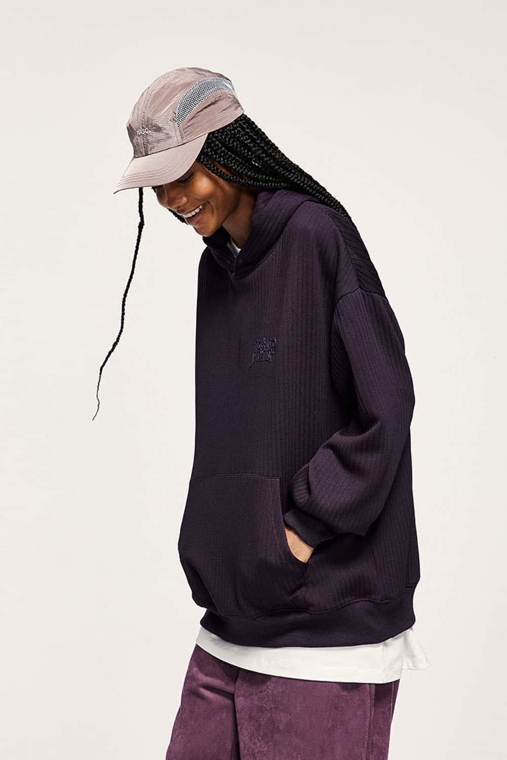Embroidered Vertical-Rib Relaxed Pullover Hoodie in Purple - three-quarter front modeled view