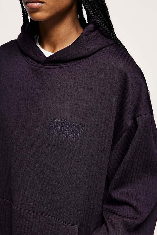 Embroidered Vertical-Rib Relaxed Pullover Hoodie in Purple - product detail close-up