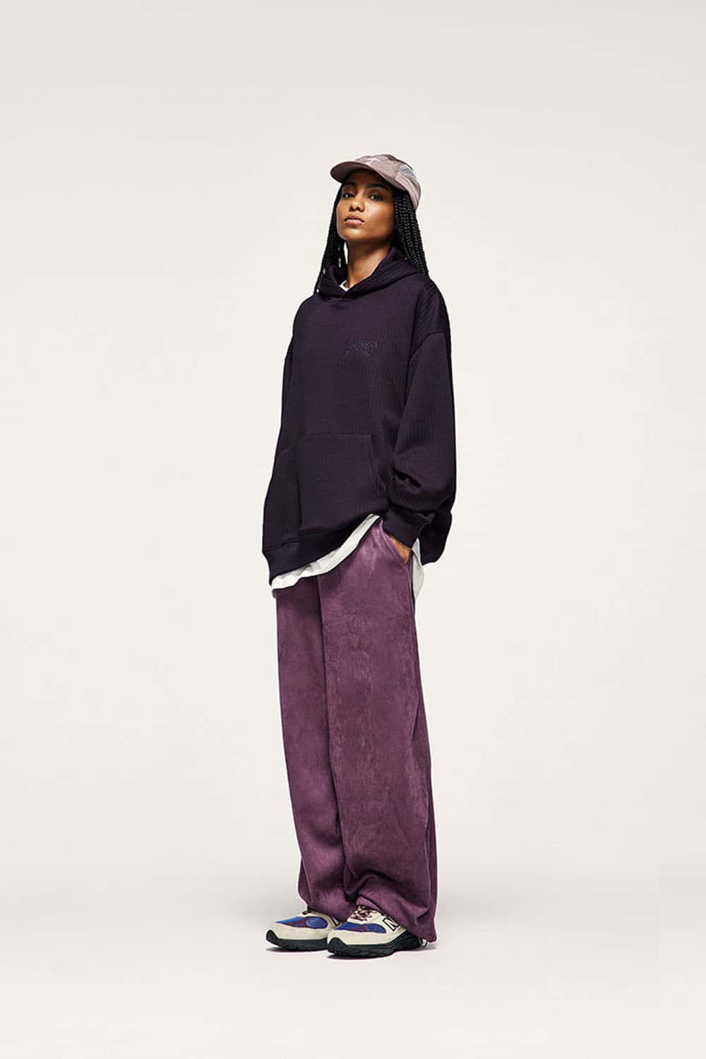 Embroidered Vertical-Rib Relaxed Pullover Hoodie in Purple - three-quarter front modeled view