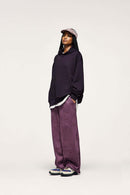 Embroidered Vertical-Rib Relaxed Pullover Hoodie in Purple - three-quarter front modeled view