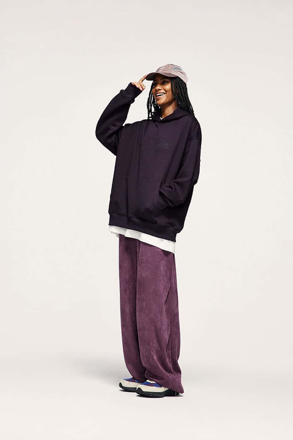 Embroidered Vertical-Rib Relaxed Pullover Hoodie in Purple - three-quarter front modeled view