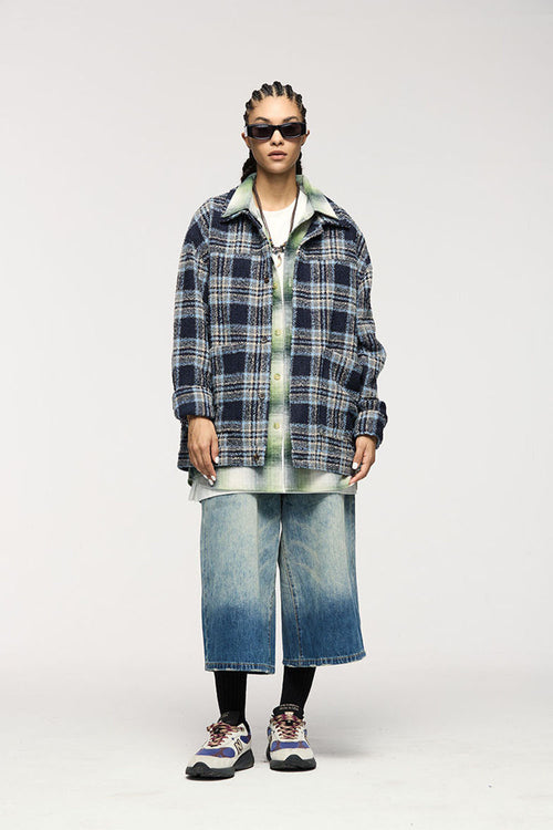Textured Plaid Shirt Jacket - Black