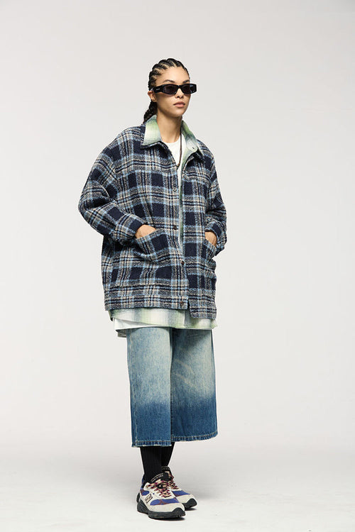 Textured Plaid Shirt Jacket - Black