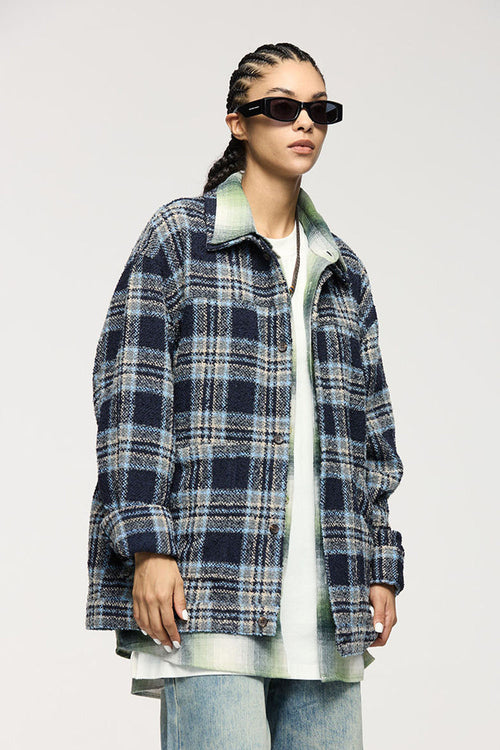 Textured Plaid Shirt Jacket - Black