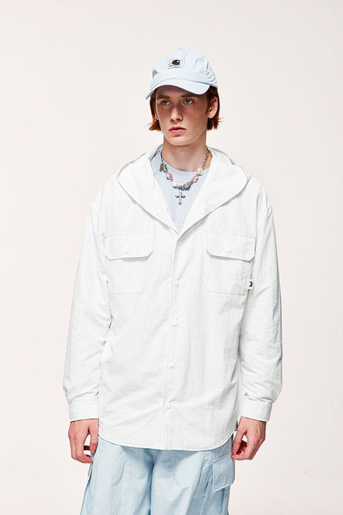 Water-Repellent Check Hooded Shirt Jacket - Teeth White